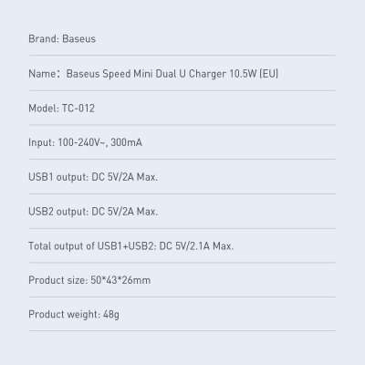 Baseus Speed Mini Dual USB Oplader - Wit