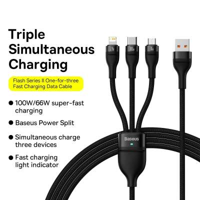 Baseus 100W 3-in-1 kabel - USB naar Lightning / USB-C / Micro USB - 120cm