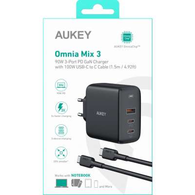 Aukey 90W USB / Dual USB-C Power Delivery Thuislader + 100W USB-C Kabel - Zwart